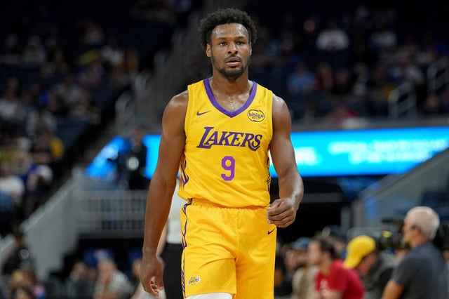 Bronny James #9 of the Los Angeles Lakers looks on against the Miami Heat during the first half of the California Classic summer league game at Chase Center on July 06, 2025 in San Francisco, California.