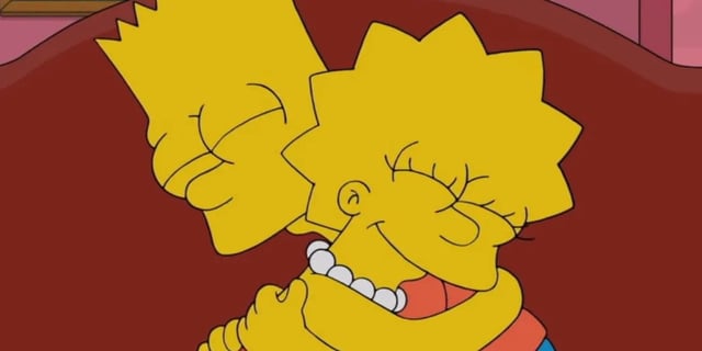 Bart (Nancy Cartwright) and Lisa (Yeardley Smith) embracing each other in The Simpsons' "Stew Lies."