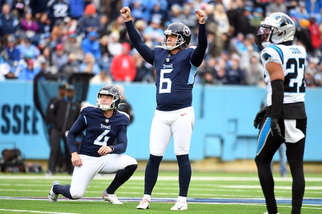 Nov 26, 2023; Nashville, Tennessee, USA; Tennessee Titans place kicker Nick Folk (6) celebrates after making a 53-yard field goal to end the half against the Carolina Panthers at Nissan Stadium. Mandatory Credit: Christopher Hanewinckel-USA TODAY Sports/ File Photo