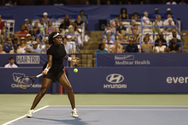 Jul 24, 2025; Washington, D.C., USA; Venus Williams (USA) hits a forehand against Magdalena Frech (POL)(not pictured) in a women's singles match on day four of the Mubadala Citi DC Open at Rock Creek Park Tennis Center. Mandatory Credit: Geoff Burke-Imagn Images/ File Photo