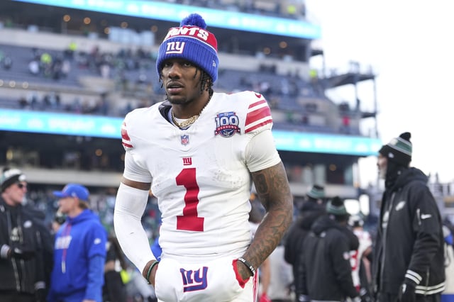 Malik Nabers #1 of the New York Giants looks on against the Philadelphia Eagles at Lincoln Financial Field on January 5, 2025 in Philadelphia, Pennsylvania.