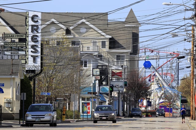 FILE - In this Thursday, May 7, 2020 photo, a main drag is quiet in Old Orchard Beach, Maine, just weeks before the summer tourist season starts. (AP Photo/Robert F. Bukaty, File)