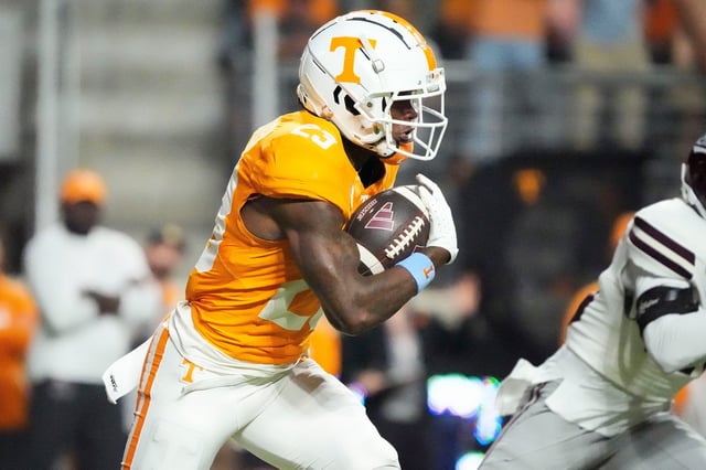 Nov 9, 2024; Knoxville, Tennessee, USA; Tennessee Volunteers defensive back Boo Carter (23) runs with the ball against the Mississippi State Bulldogs during the first half at Neyland Stadium. Mandatory Credit: Saul Young/USA TODAY Network via Imagn Images/File Photo