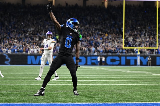 Jan 5, 2025; Detroit, Michigan, USA; Detroit Lions cornerback Terrion Arnold (0) celebrates after breaking up a fourth down pass by Minnesota Vikings quarterback Sam Darnold (14) in the end zone in the third quarter at Ford Field. The pass was incomplete.Mandatory Credit: Lon Horwedel-Imagn Images/File Photo