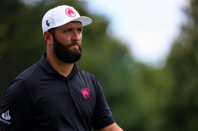 WHITE SULPHUR SPRINGS, WEST VIRGINIA - AUGUST 18: Jon Rahm of Spain looks on at the 11th hole during day three of LIV Golf: Greenbrier at The Old White Course on August 18, 2024 in White Sulphur Springs, West Virginia. (Photo by Isaiah Vazquez/Getty Images)