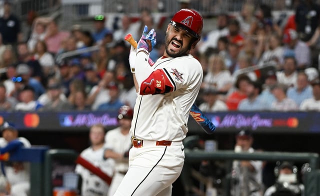 Eugenio Suárez #28of Arizona Diamondbacks was hit by pitch in the eighth inning during the MLB All-Star Game at Truist Park on July 15, 2025 in Atlanta.