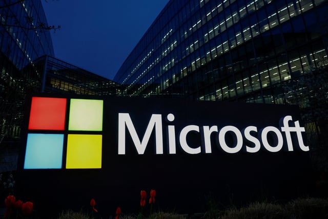 A view shows a Microsoft logo at Microsoft offices in Issy-les-Moulineaux near Paris, France, March 25, 2024. REUTERS/Gonzalo Fuentes/File Photo