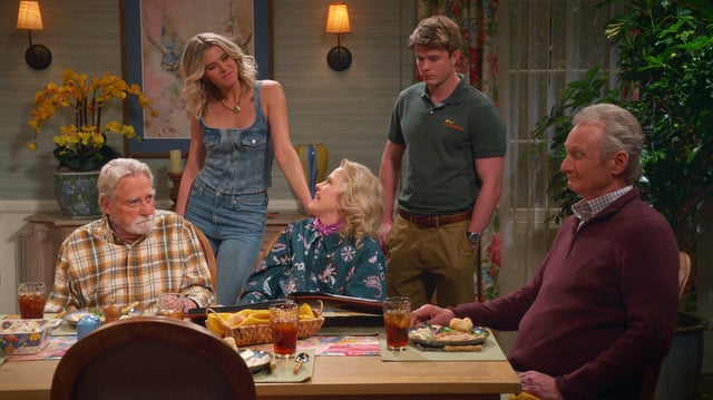 Leanne. (L to R) Blake Clark as Daddy John, Hannah Pilkes as Josie, Celia Weston as Mama Margaret, Graham Rogers as Tyler and Ryan Stiles as Bill in Episode #102 of Leanne.