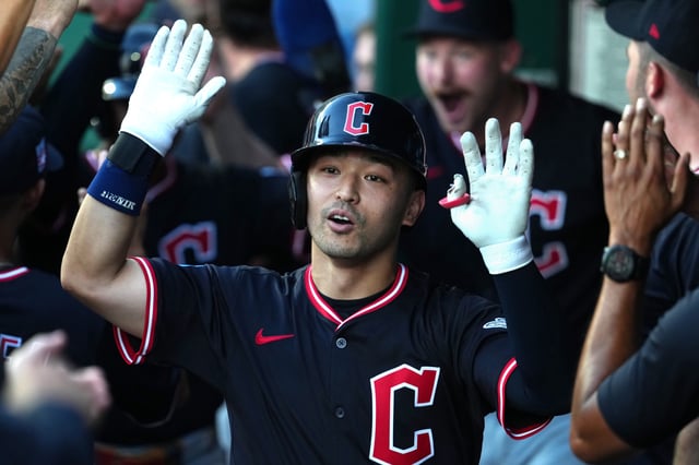 KANSAS CITY, MISSOURI - JULY 26: Steven Kwan #38 of the Cleveland Guardians celebrates his two-run home run with teammates in the fourth inning against the Kansas City Royals in game two of a doubleheader at Kauffman Stadium on July 26, 2025 in Kansas City, Missouri.