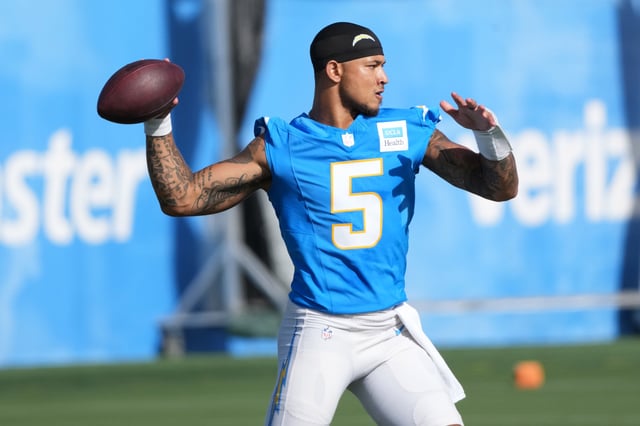 Jul 25, 2025; El Segundo, CA, USA; Los Angeles Chargers quarterback Trey Lance (5) throws the ball during training camp at The Bolt. Mandatory Credit: Kirby Lee-Imagn Images/File Photo