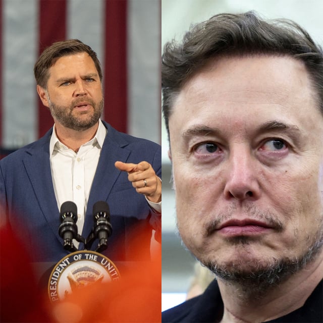 (R) Elon Musk looks on as U.S. President Donald Trump meets South African President Cyril Ramaphosa in the Oval Office of the White House in Washington, D.C., U.S., May 21, 2025. (L) Vice President JD Vance visits Metallus in Canton, Ohio, on Monday, July 28, 2025.