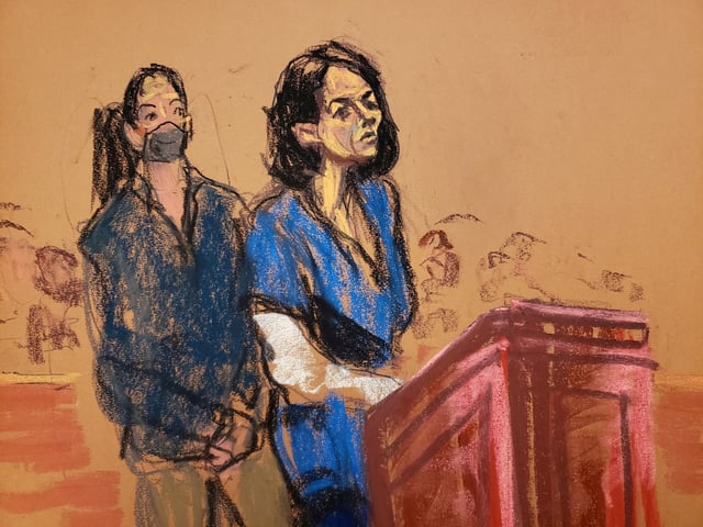 Jeffrey Epstein associate Ghislaine Maxwell stands at the podium to address Judge Alison Nathan during her sentencing in a courtroom sketch in New York City, U.S. June 28, 2022.    REUTERS/Jane Rosenberg/File Photo