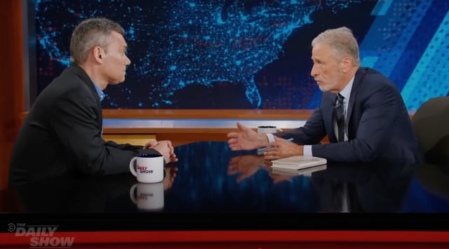 Journalist Peter Beinart and host Jon Stewart discuss the war in Gaza on "The Daily Show," July 28, 2025. (YouTube)