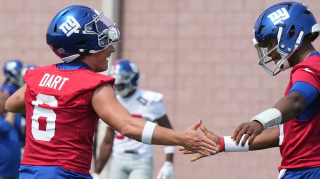 East Rutherford, NJ -- June 5, 2025 -- Quarterbacks, Jaxson Dart and Jameis Winston as the New York Giants players participate in their 2025 OTAÕs at the Quest Diagnostic Giants Training Center in East Rutherford.