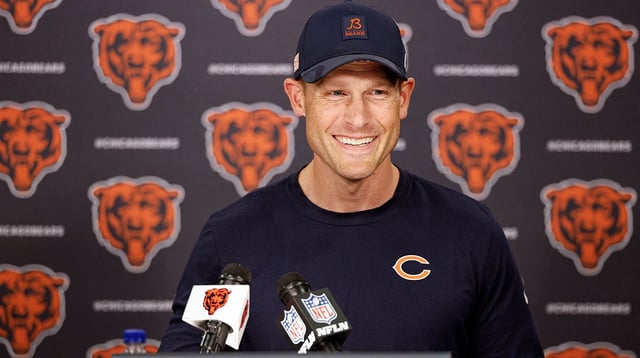 Jun 3, 2025; Lake Forest, IL, USA; Chicago Bears head coach Ben Johnson speaks during minicamp at Halas Hall. Mandatory Credit: Kamil Krzaczynski-Imagn Images
