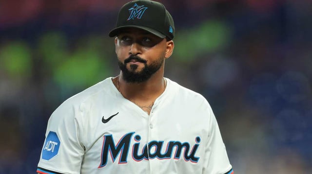 Jul 23, 2025; Miami, Florida, USA; Miami Marlins starting pitcher Sandy Alcantara (22) looks on against the San Diego Padres during the first inning at loanDepot Park.