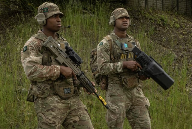 British soldiers assigned to 1st Battalion, Royal Yorkshire Regiment, Light Mechanized Infantry, test counter-unmanned aerial systems technologies during Project Flytrap at Joint Multinational Readiness Center, Hohenfels training area, Hohenfels, Germany, June 5, 2025. (U.S. Army photo by Pfc. Brent Lee)