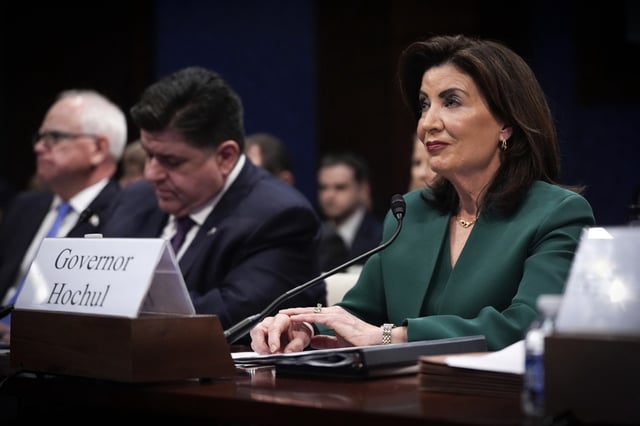Minnesota Gov. Tim Walz, Illinois Gov. JB Pritzker and New York Gov. Kathy Hochul attend a House Committee on Oversight and Government Reform hearing on June 12, 2025, at the U.S. Capitol.