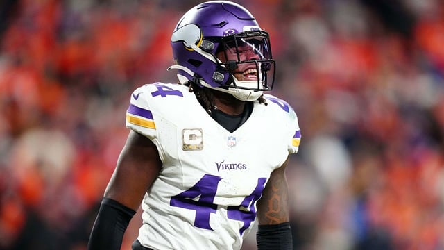 Nov 19, 2023; Denver, Colorado, USA; Minnesota Vikings safety Josh Metellus (44) reacts in the second quarter against the Denver Broncos at Empower Field at Mile High. Mandatory Credit: Ron Chenoy-Imagn Images
