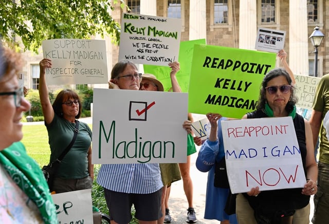 Residents and community groups rally at the Towson Historic Courthouse to demand the reappointment of Inspector General Kelly..Madigan and to denounce the County Executive’s mishandling of the IG selection process. (Kenneth K. Lam/Staff)