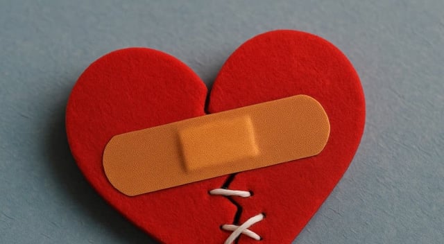 Ilustración de un corazón roto de fieltro rojo, parcialmente cosido con hilo blanco y cubierto por una curita color piel. La imagen representa el proceso de sanar un corazón roto, en referencia al Día Internacional del Mal de Amores, sobre un fondo azul que acentúa el contraste emocional de la escena