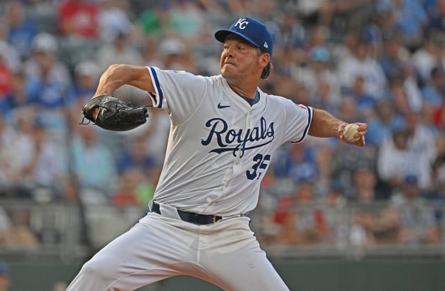 Jul 28, 2025; Kansas City, Missouri, USA;  Kansas City Royals starting pitch Rich Hill (35) throws a pitch in the first inning against the Atlanta Braves at Kauffman Stadium. Mandatory Credit: Peter Aiken-Imagn Images/File Photo