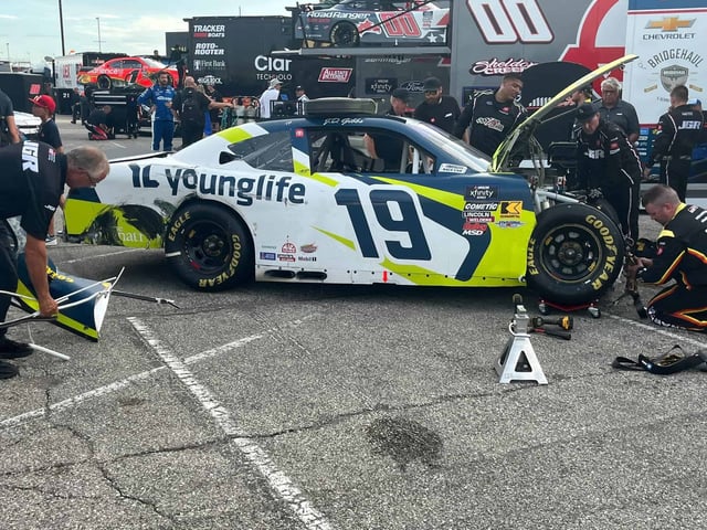 Aric Almirola's wrecked Joe Gibbs Racing Toyota after a heavy crash during the NASCAR Xfinity Series race at Indianapolis Motor Speedway.