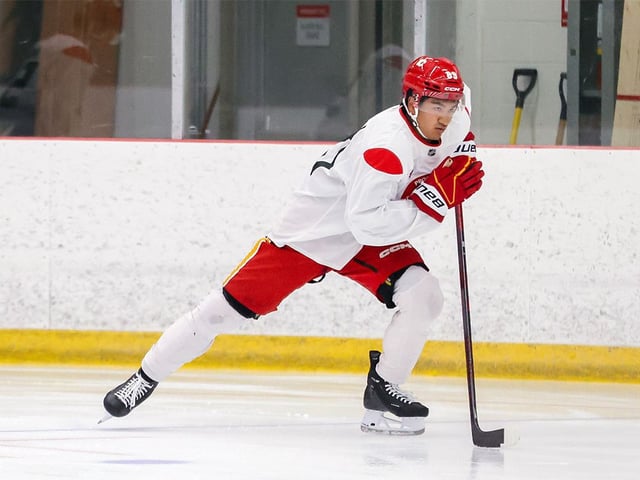 Zayne Parekh takes part in the Calgary Flames annual development camp at WinSport on Wednesday, July 2, 2025.