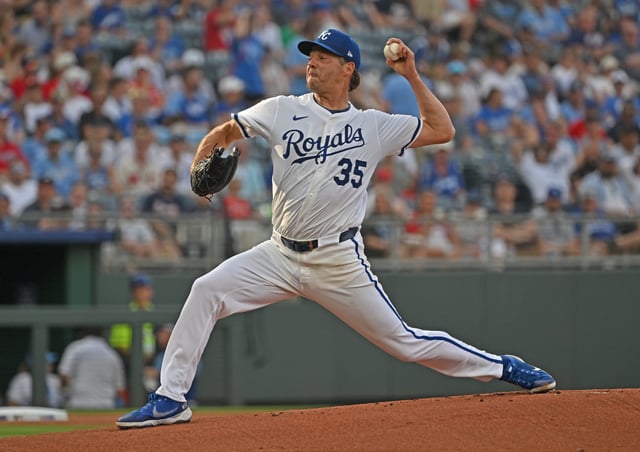 Kansas City Royals starting pitch Rich Hill (35) throws a pitch in the first inning against the Atlanta Braves at Kauffman Stadium.