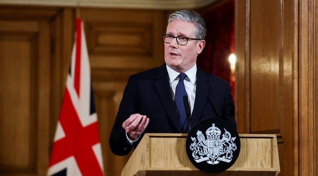 U.K. Prime Minister Keir Starmer delivers a statement inside No. 10 Downing Street on the day the cabinet was recalled to discuss the situation in Gaza, on July 29, 2025 in London, England. (Toby Melville - WPA Pool/Getty Images)