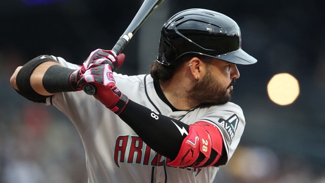Jul 26, 2025; Pittsburgh, Pennsylvania, USA; Arizona Diamondbacks third baseman Eugenio Suarez (28) at bat against the Pittsburgh Pirates during the first inning at PNC Park. Mandatory Credit: Charles LeClaire-Imagn Images.
