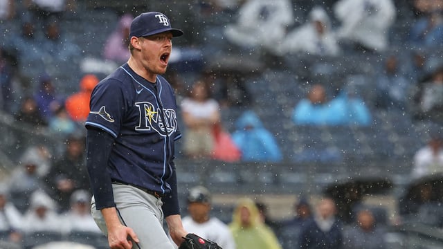 May 4, 2025; Bronx, New York, USA; Tampa Bay Rays relief pitcher Pete Fairbanks (29) reacts after striking out the side to close the ninth inning against the New York Yankees at Yankee Stadium.
