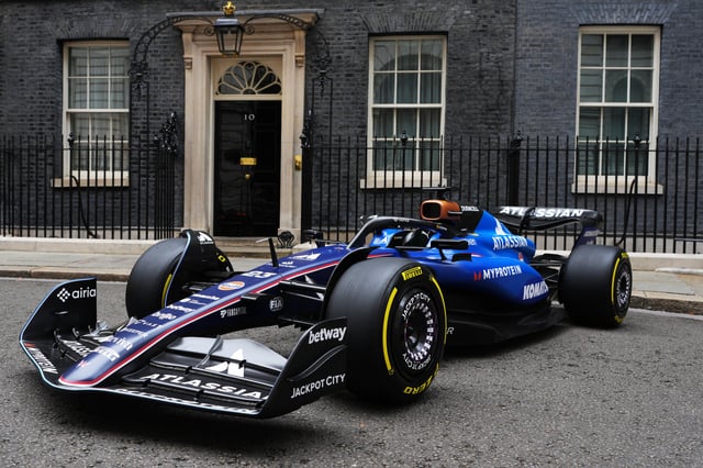 A Williams Formula One car sits in Downing Street on July 2, 2025 in London, England. This weekend the British Grand Prix will be held at Silverstone as the sport celebrates its 75th anniversary in 2025.