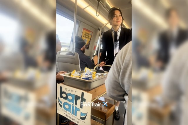 The “BART Air” snack cart is pushed by a uniformed attendant in a video posted Sunday, July 27, 2025.