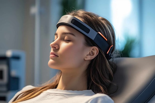Conceptual AI-generated image unaffiliated with the study depicting a woman wearing a brain stimulation headset. (© NEW KUNG - stock.adobe.com)