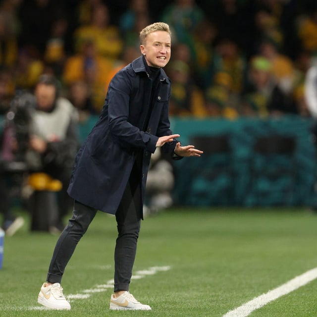 Canada's head coach Bev Priestman gestures during the Women's World Cup Group B soccer match between Australia and Canada in Melbourne, Australia, Monday, July 31, 2023. (AP Photo/Hamish Blair)