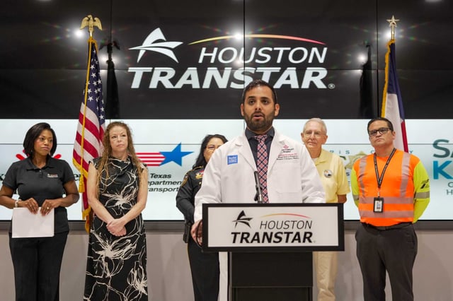 Dr. Anthony Arredondo speaks at Houston TranStar during a press conference and demonstration about vehicles getting too hot for a person to withstand inside during the heat, on Tuesday, July 29, 2025 in Houston.