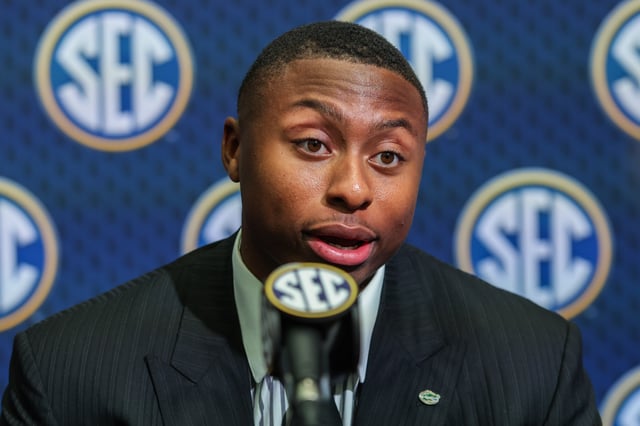 Jul 16, 2025; Atlanta, GA, USA; Florida State Gators quarterback DJ Lagway answers questions from the media during the SEC Media Days at Omni Atlanta Hotel. Mandatory Credit: Jordan Godfree-Imagn Images/File Photo