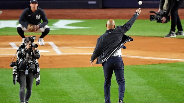 Oct 28, 2024; New York, New York, USA; New York Yankees throws out the ceremonial first pitch before game three of the 2024 MLB World Series between the New York Yankees and the Los Angeles Dodgers at Yankee Stadium. Mandatory Credit: Robert Deutsch-Imagn Images.