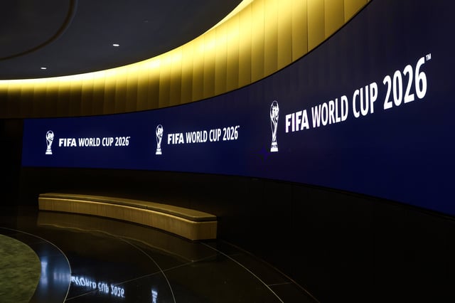 Jun 16, 2022; New York, New York, USA; A general view of a hallway showing the FIFA World Cup 2026 logo leading to the FIFA World Cup Announcement room. Mandatory Credit: Jessica Alcheh-USA TODAY Sports/File Photo