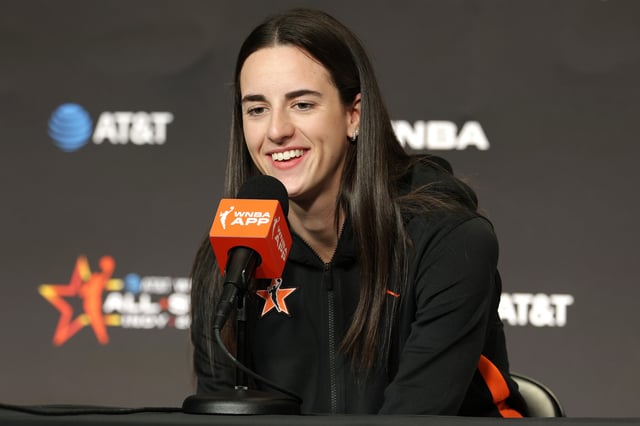Caitlin Clark #22 of the Indiana Fever speaks to the media prior to the 2025 AT&amp;T WNBA All-Star Game at Gainbridge Fieldhouse on July 19, 2025 in Indianapolis, Indiana.