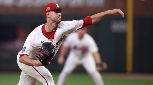 Jul 15, 2025; Cumberland, Georgia, USA; National League pitcher MacKenzie Gore (1) of the Washington Nationals pitches in the fifth inning during the 2025 MLB All Star Game at Truist Park. Mandatory Credit: Brett Davis-Imagn Images.