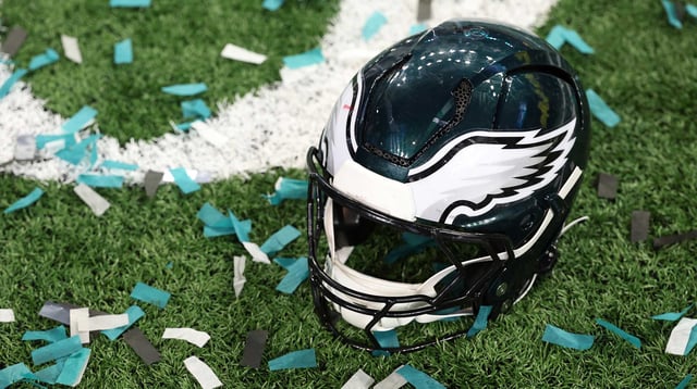 Feb 9, 2025; New Orleans, LA, USA; A Philadelphia Eagles player&#39;s helmet rests on the field after Super Bowl LIX against the Kansas City Chiefs at Caesars Superdome. Mandatory Credit: Geoff Burke-Imagn Images