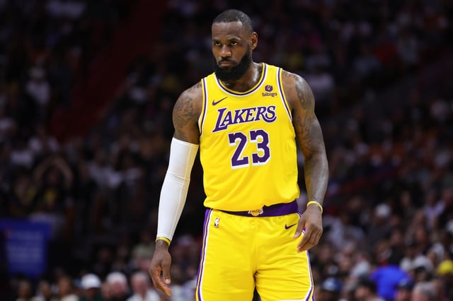 LeBron James #23 of the Los Angeles Lakers looks on against the Miami Heat during the second quarter of the game at Kaseya Center on November 06, 2023 in Miami, Florida.