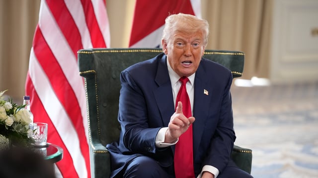 Donald Trump gestures as he meets British Prime Minister Keir Starmer for bilateral talks at Trump Turnberry golf club on July 28, 2025 in Turnberry, Scotland.