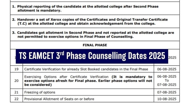 TS EAMCET 3rd Phase Counselling Dates 2025 Out; Registration Begins on Aug 5