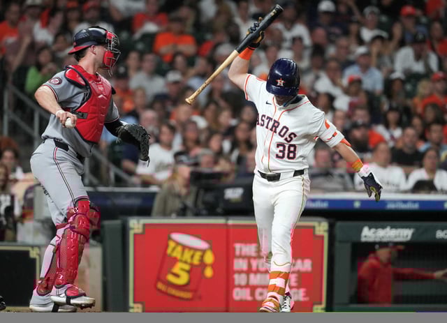 Houston Astros Zack Short (38) reacts after striking out against Washington Nationals relief pitcher Cole Henry to end the fourth inning of an MLB baseball game in Houston, Tuesday, July 29, 2025.