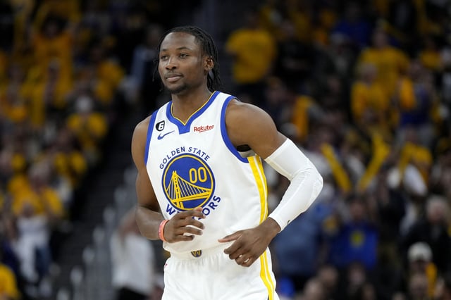 Jonathan Kuminga #00 of the Golden State Warriors looks on during the fourth quarter against the Los Angeles Lakers in game five of the Western Conference Semifinal Playoffs at Chase Center on May 10, 2023 in San Francisco, California.