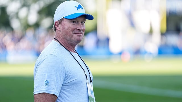 Jon Gruden watches practice during training camp at Meijer Performance Center in Allen Park on Monday, July 28, 2025.