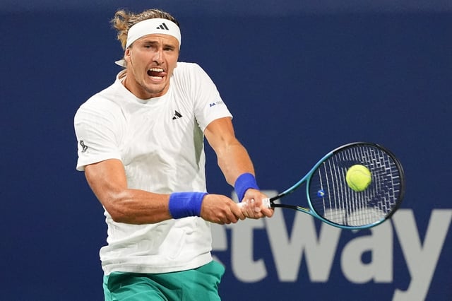 Jul 29, 2025; Toronto, ON, Canada; Alexander Zverev (GER) hits a ball to Adam Walton (not pictured) during the second round at Sobeys Stadium. Mandatory Credit: John E. Sokolowski-Imagn Images